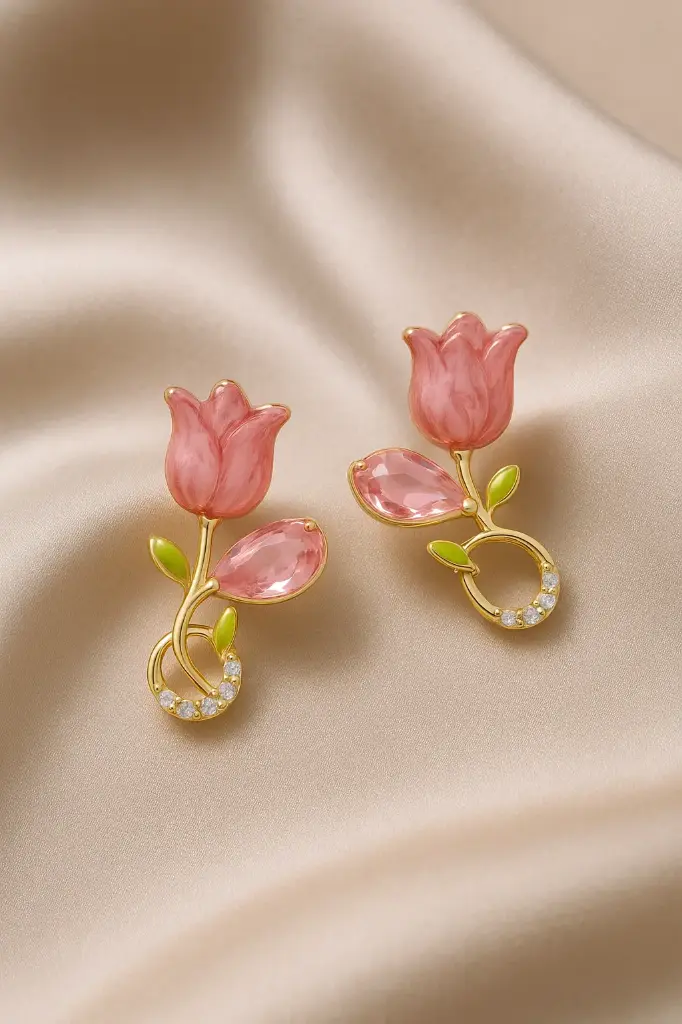 Pink Floral Earrings with Crystals