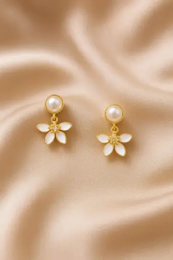 Pearl and White Flower Earrings