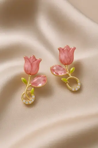 Pink Floral Earrings with Crystals