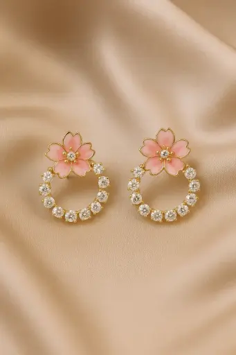 Pink Flower & Diamond Hoop Earrings
